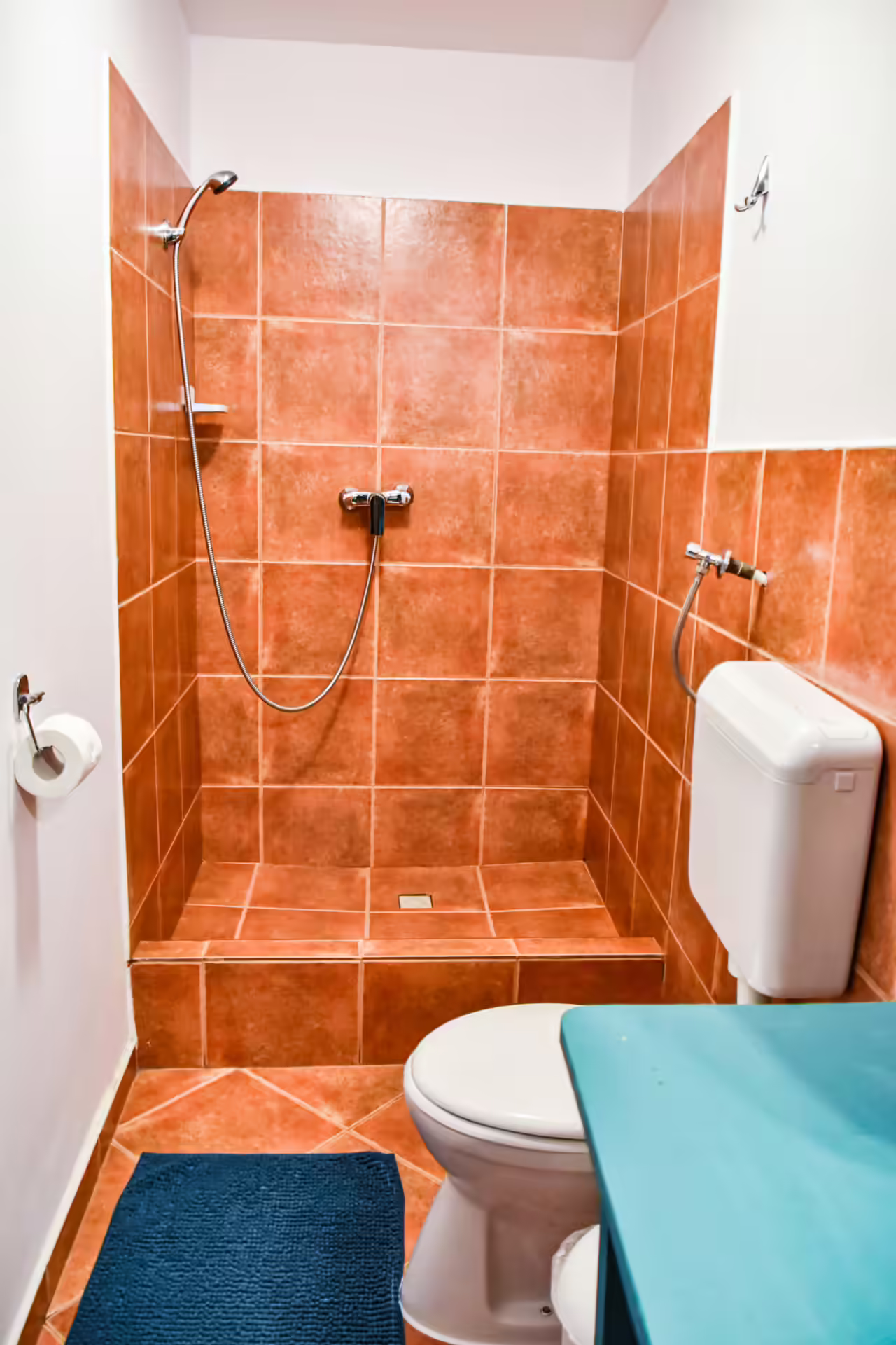 Baie cu duș și faianță teracotă la Casa Georgea din Săcele