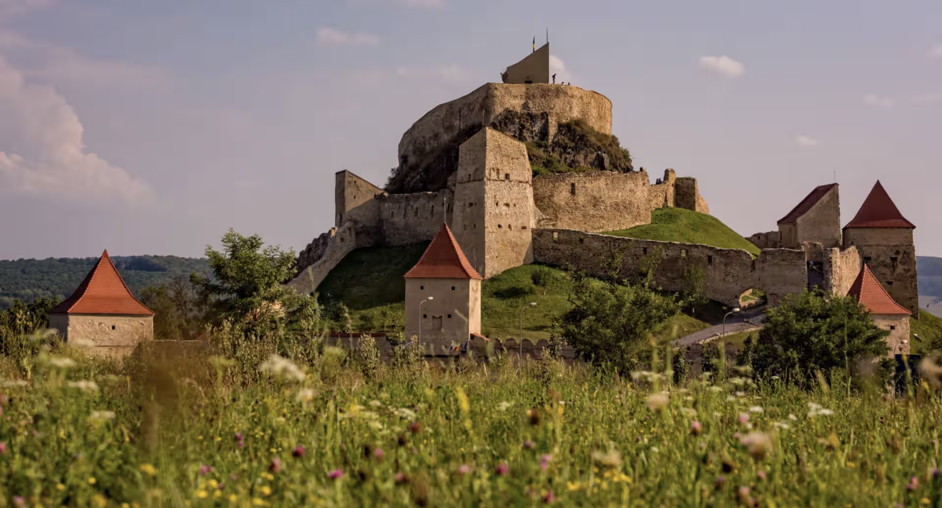 Cetatea Rupea văzută din iarba înaltă de la poalele dealului