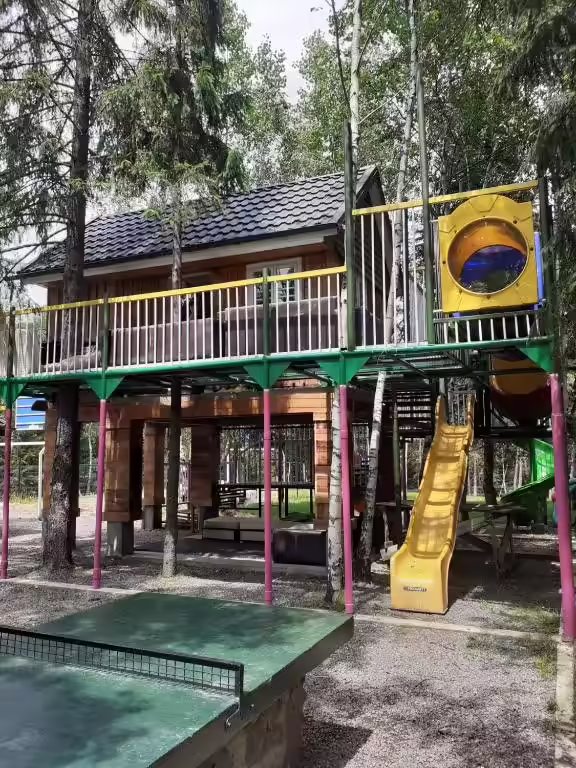 Loc de joacă cu tobogan și căsuță în copac la Cabana Beliș