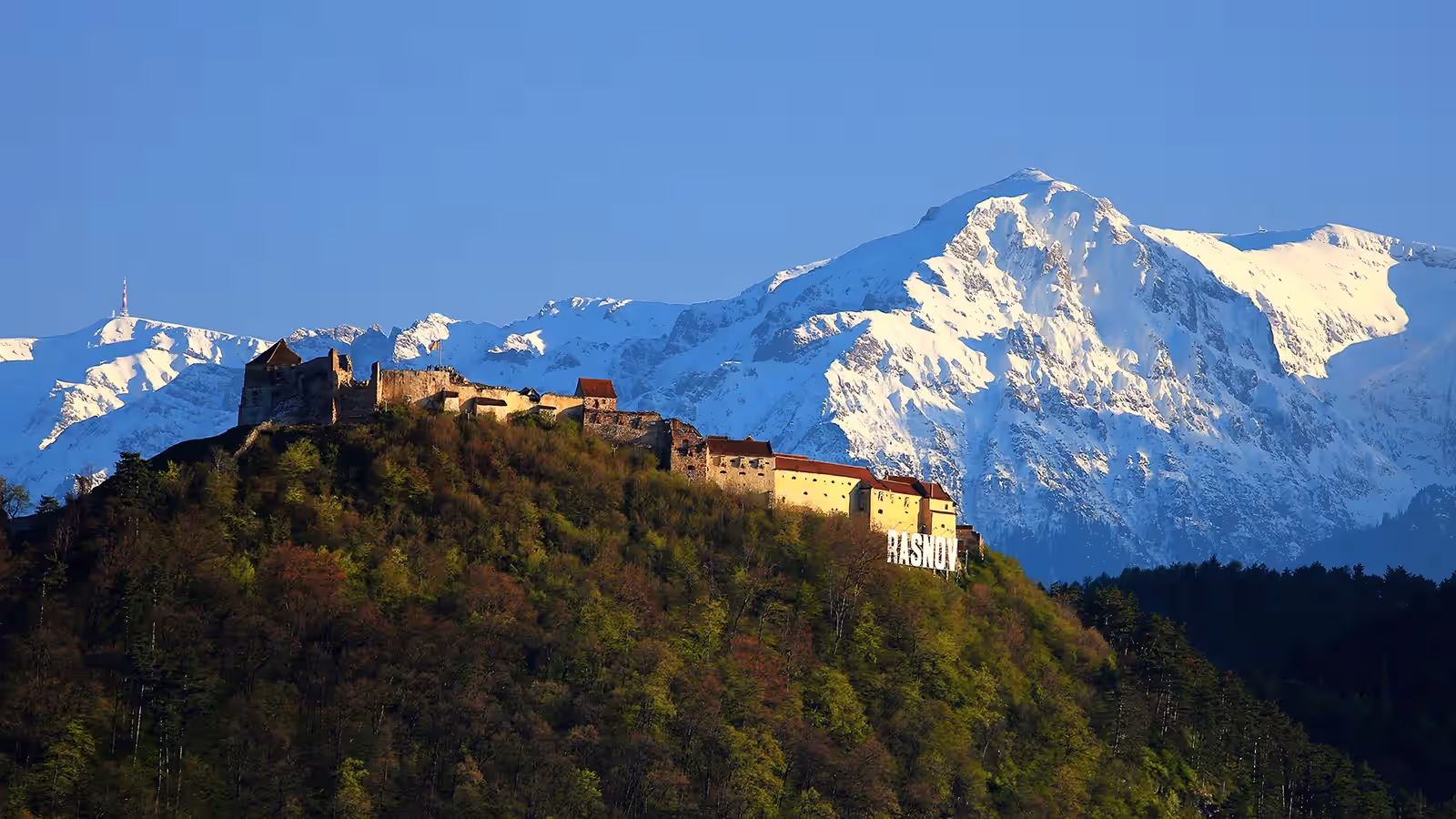 Cetatea Râșnov cu Munții Bucegi înzăpeziți în fundal Cetatea Râșnov cu Munții Bucegi înzăpeziți în fundal