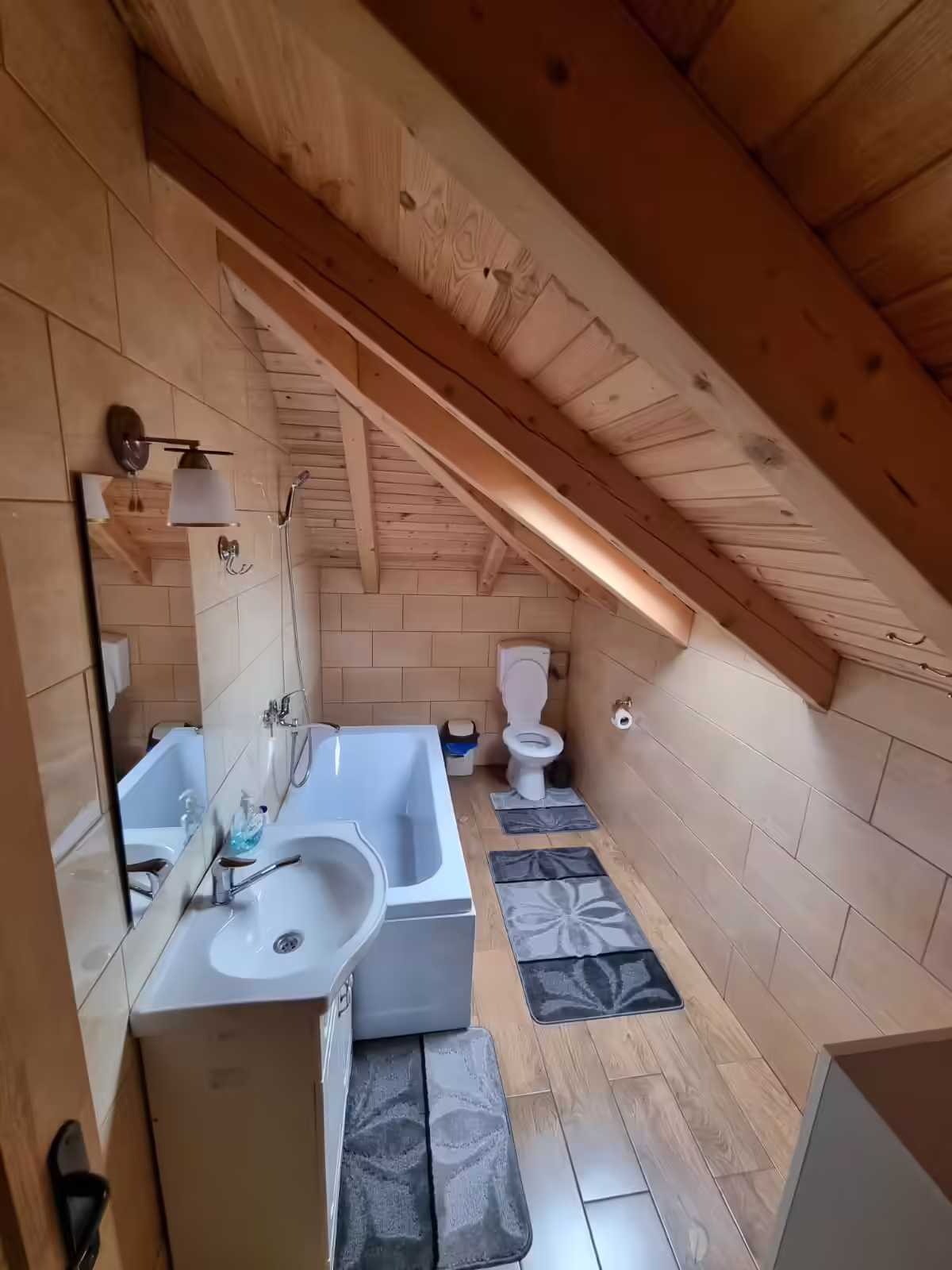 Baie complet echipată cu lavoar și duș la Mountain View Chalet Broșteni Baie complet echipată cu lavoar și duș la Mountain View Chalet Broșteni