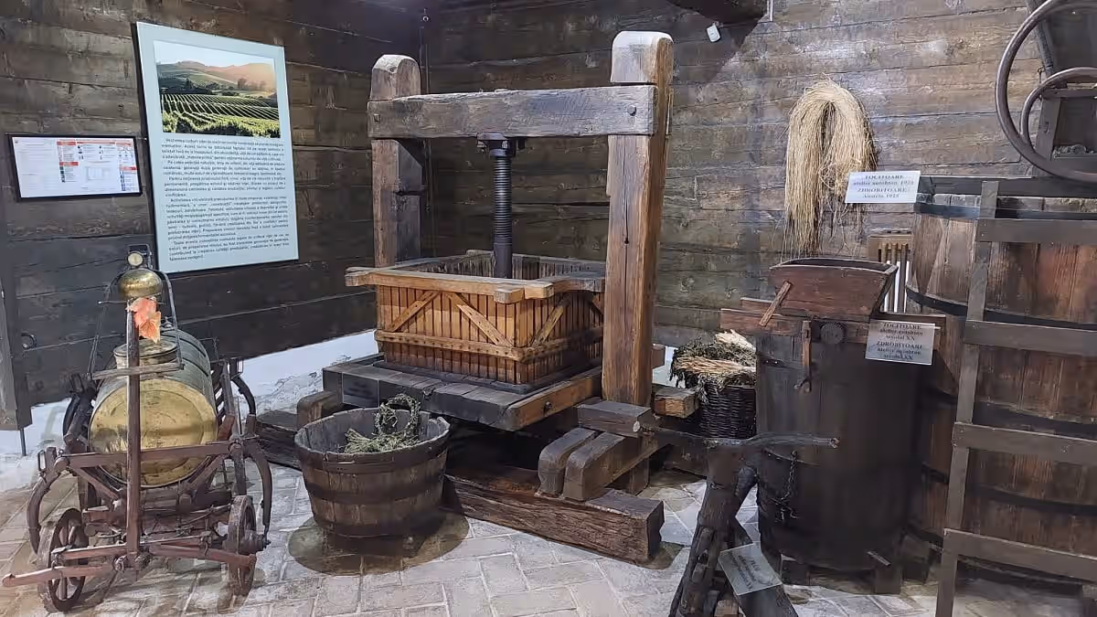 Teasc vechi de struguri și unelte de vinificație în Muzeul Crama 1777 Teasc vechi de struguri și unelte de vinificație în Muzeul Crama 1777