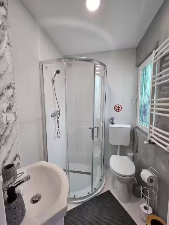 Baie modernă cu cabină de duș la Cabana Ursu, Lețcani Baie modernă cu cabină de duș la Cabana Ursu, Lețcani