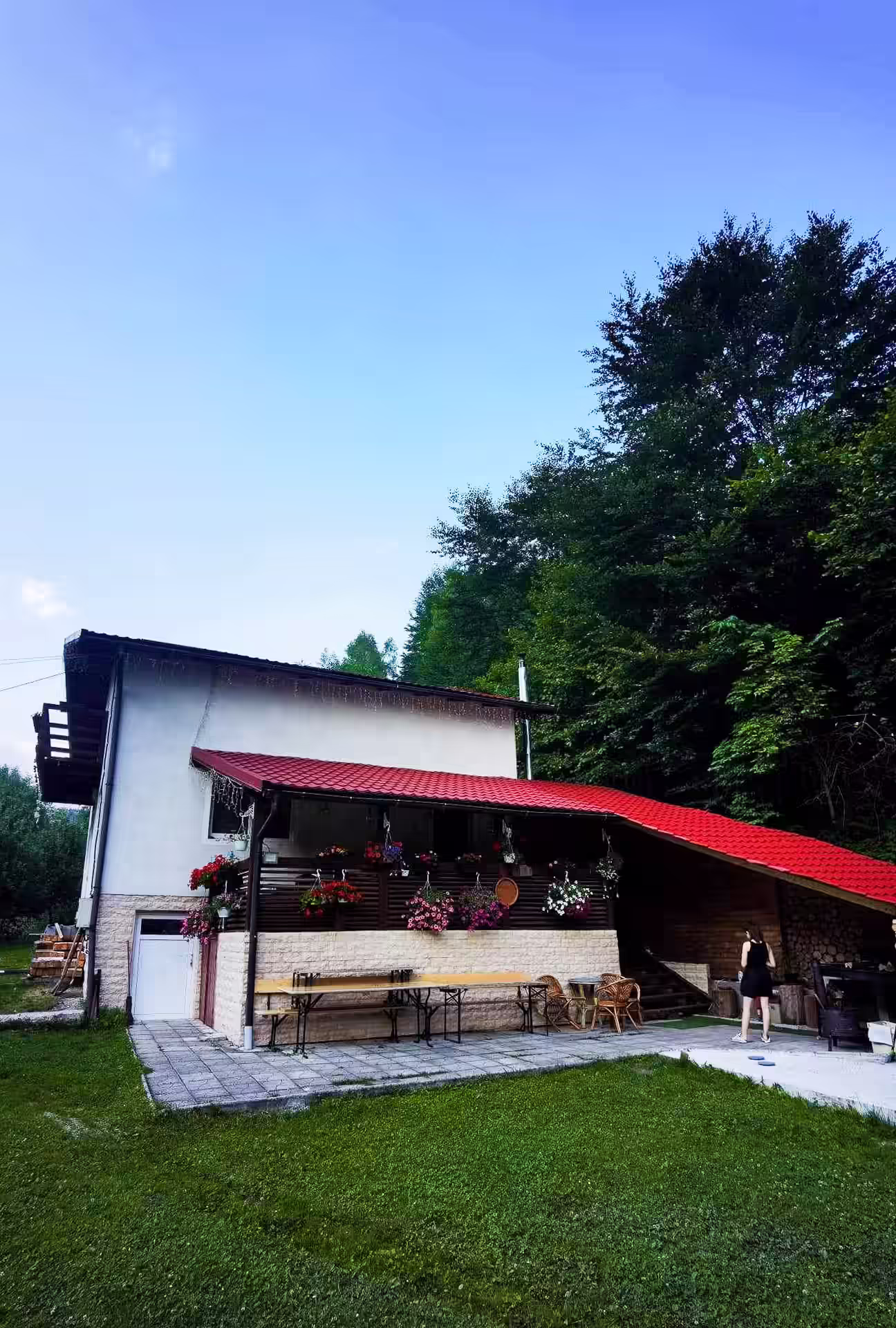 Fațada casei Di&D House cu terasă lungă acoperită, Bănița, Valea Jiului Fațada casei Di&D House cu terasă lungă acoperită, Bănița, Valea Jiului