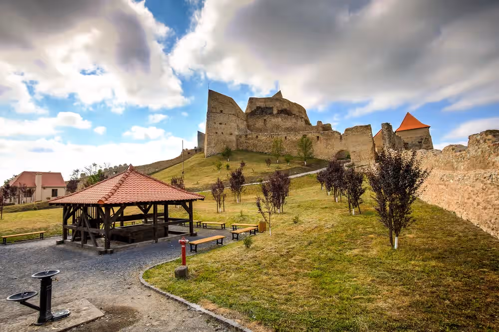 Foișor de lemn și aleea spre zidurile Cetății Rupea